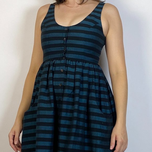 MARA HOFFMAN Designer Blue & Black Striped Scoop Neck Full Skirt Midi Dress! S - Picture 4 of 8